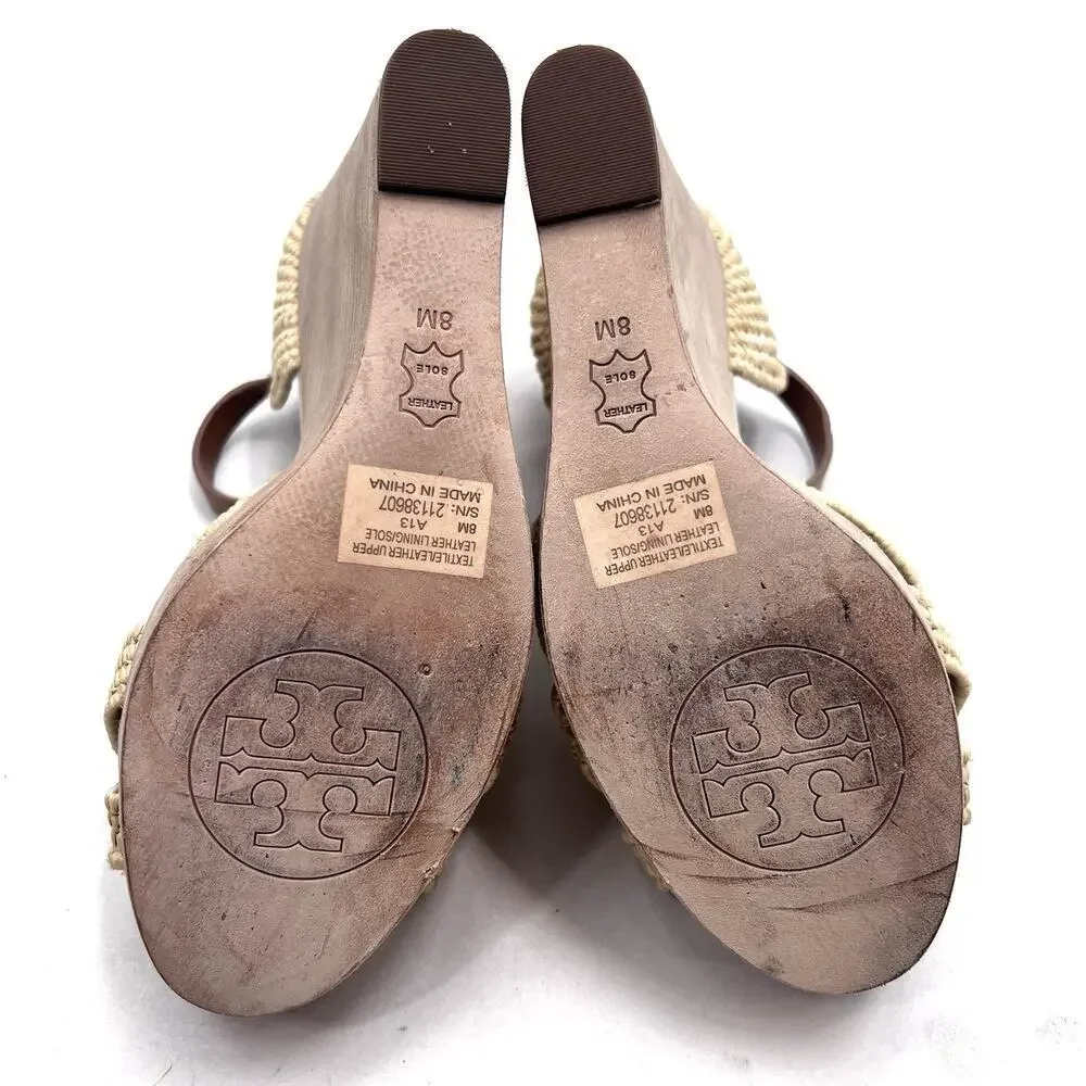 Tory Burch Natural Tan Beige Rattan Carina High Wedge Sandals Womens 8